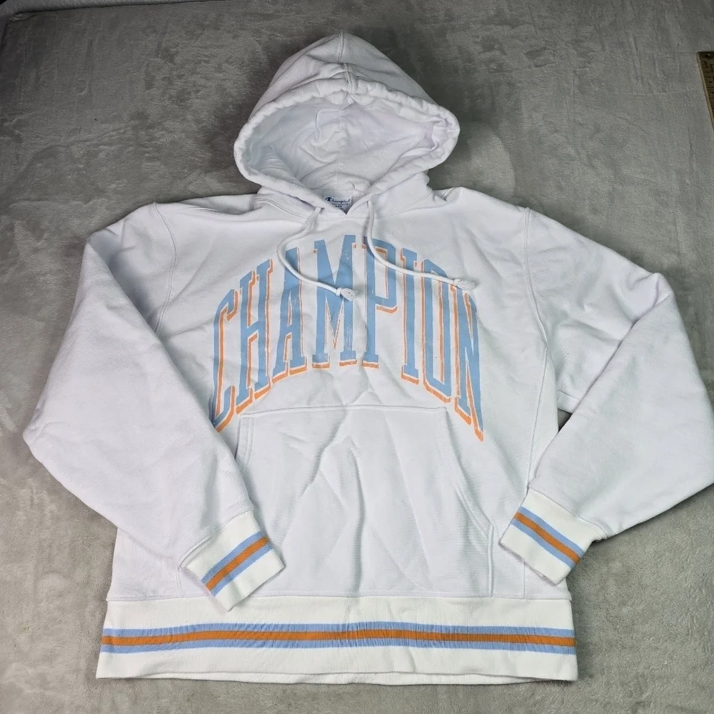 Champion Reverse Weave Men's Lg Hoodie Pullover Arch Spell-Out Logo White